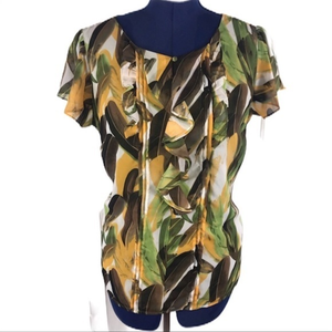 Apt 9 1X semi sheer layered green/brown feather ruffled Keyhole neck career top‎